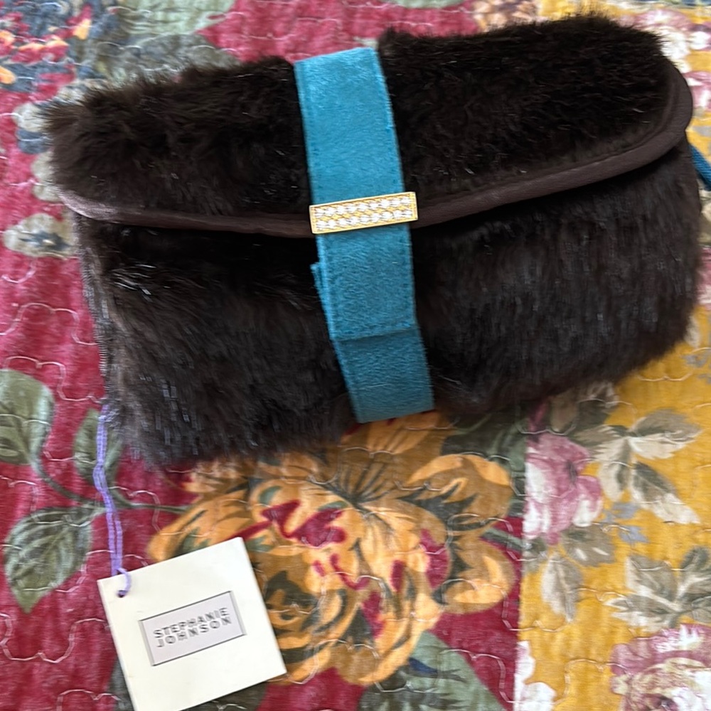 Stephanie Johnson Blue and Brown Clutch with Gold Accents